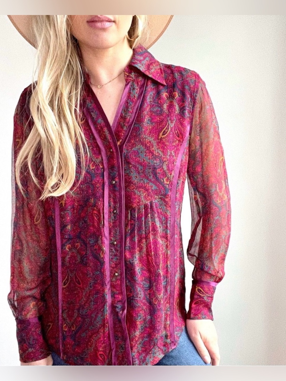 Coldwater Creek Vintage 100% Silk Paisley Sheer Blouse Top Burgundy Purple Red S